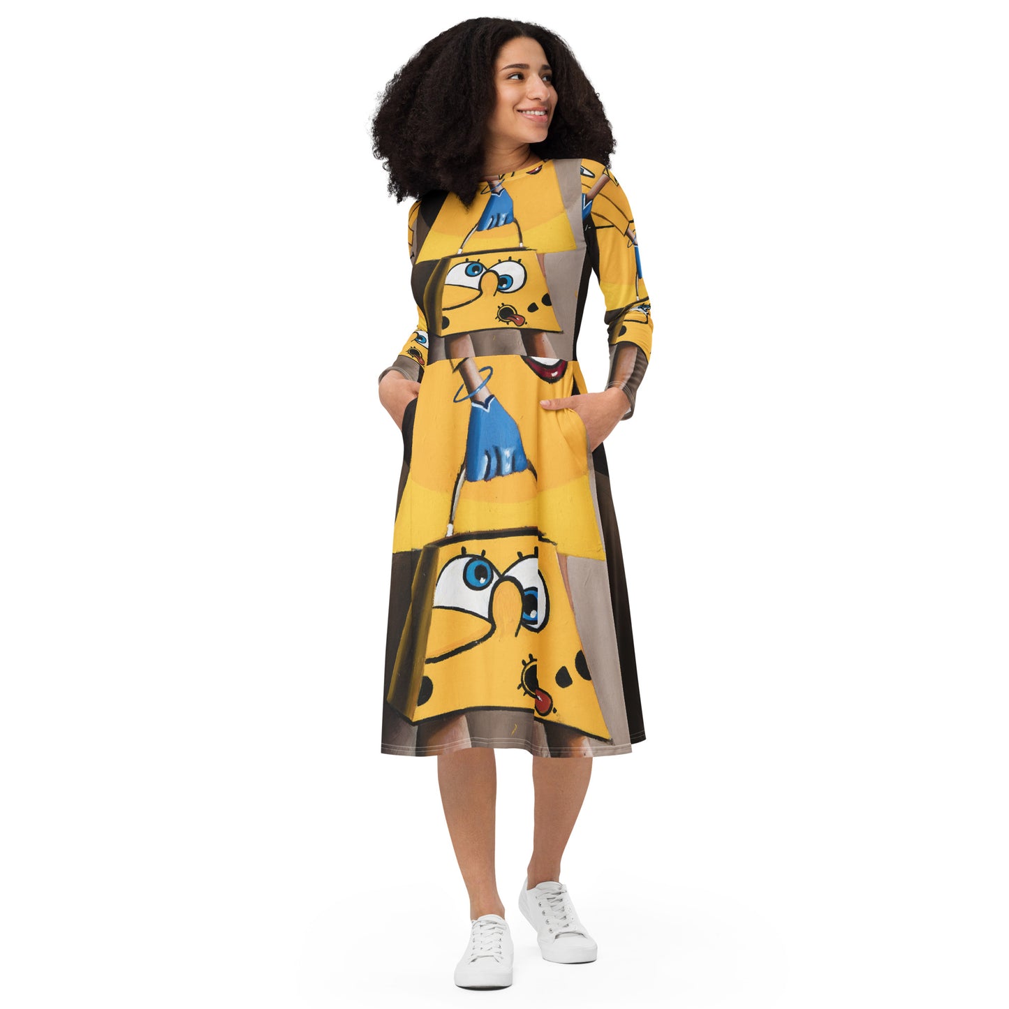 All-over print long sleeve midi dress