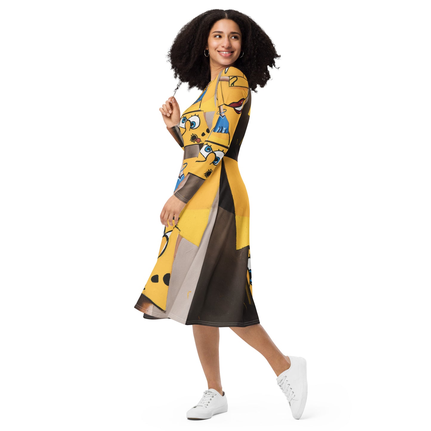 All-over print long sleeve midi dress