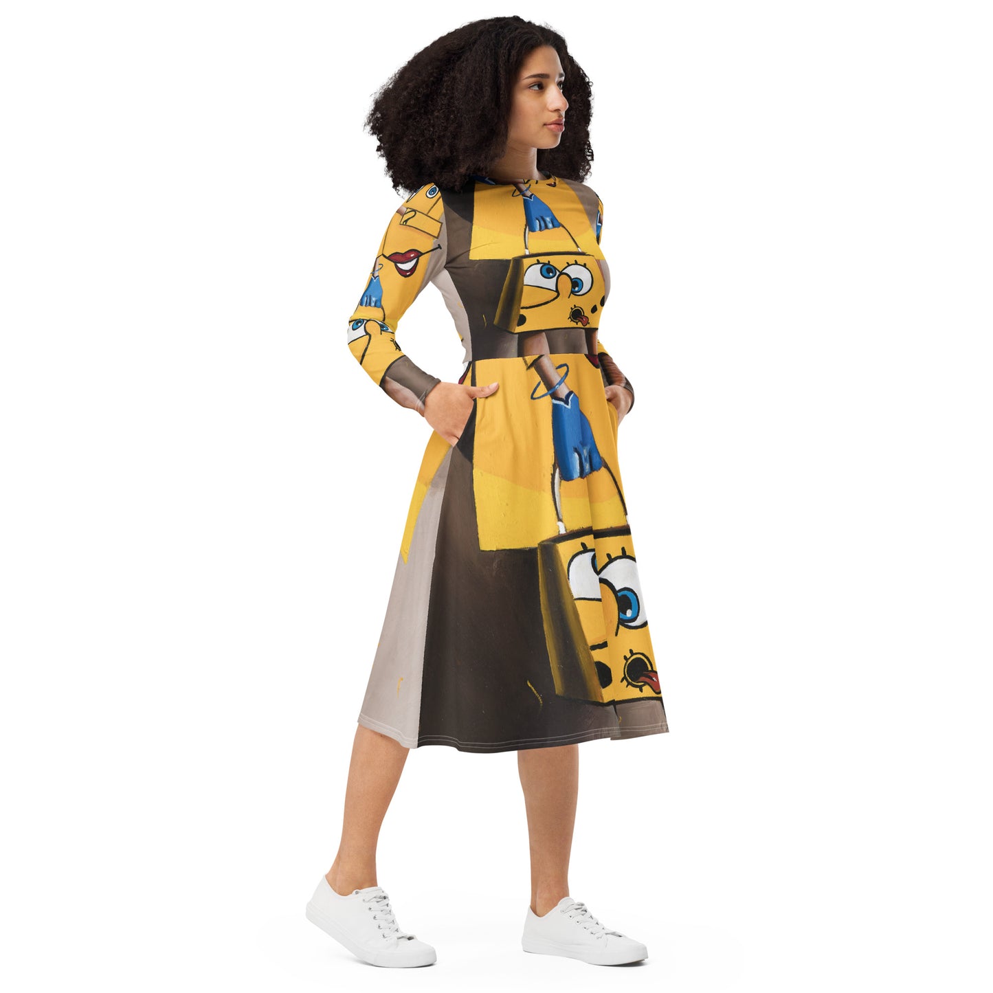 All-over print long sleeve midi dress